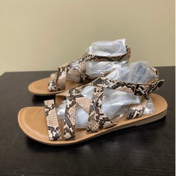 Women Size 8 Tan Black Brown Vacation Boho Snakeskin Greeway Strappy Flat Sandal - Picture 6 of 12